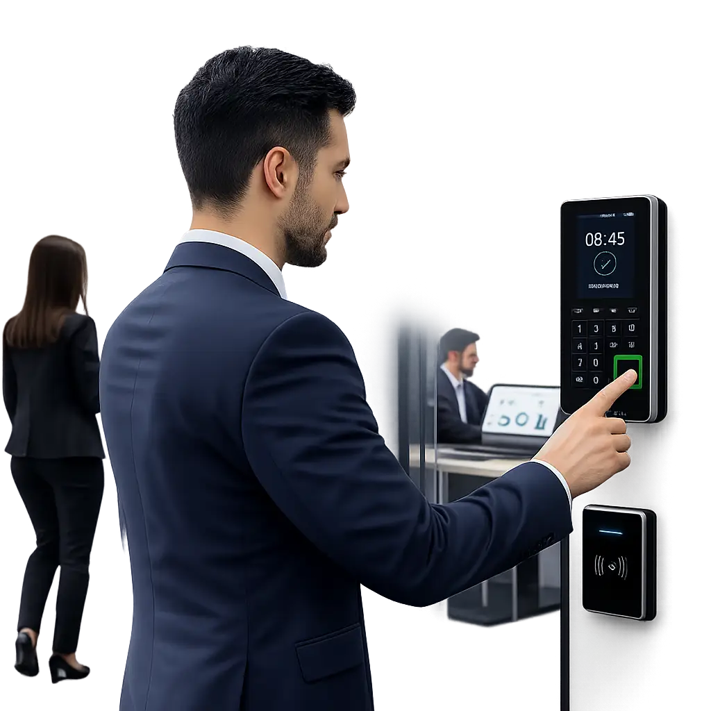 Employé utilisant un terminal de pointage biométrique avec contrôle d'accès sécurisé dans un bureau moderne au Maroc.
