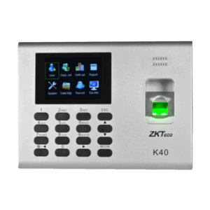 Pointeuse biométrique ZKTeco K40 Pro avec lecteur d'empreintes digitales et RFID.