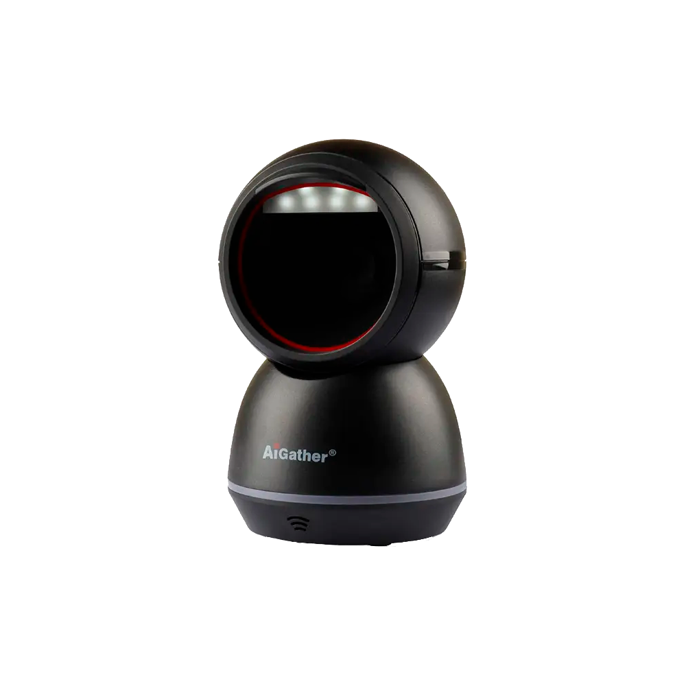 Scanner code-barres 2D AIGATHER A-9512 sans fil 2.4G présenté en vue inclinée pour utilisation en magasin et système de caisse
